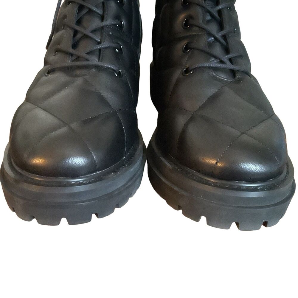 Lola Cruz Combat Moto Boots Sz EU 37 US 7 Black Leather Quilted Rhinestone Chain - Picture 2 of 7
